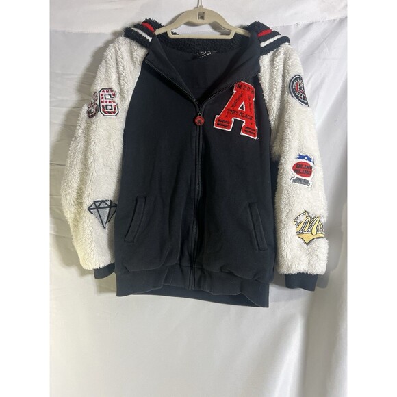 Toby Black Jacket Woman's S Black White Red Meow Letterman Cat Coat Patches - Picture 1 of 12